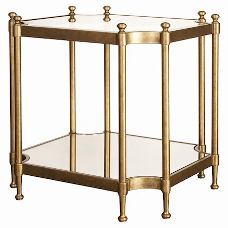 Brass End Table with Glass Top and Antique Mirror Shelf